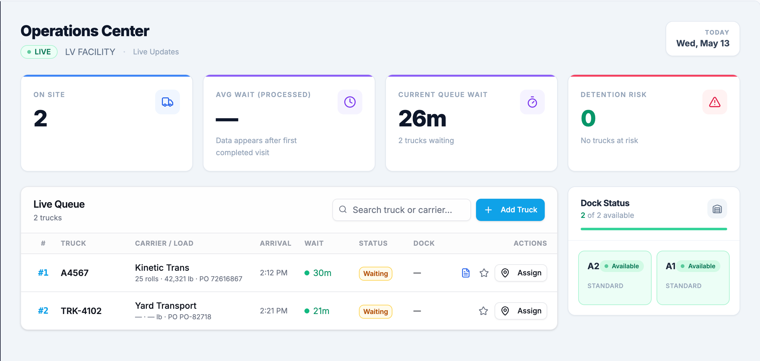 YardVis yard management dashboard showing live dock queue and driver check-ins
